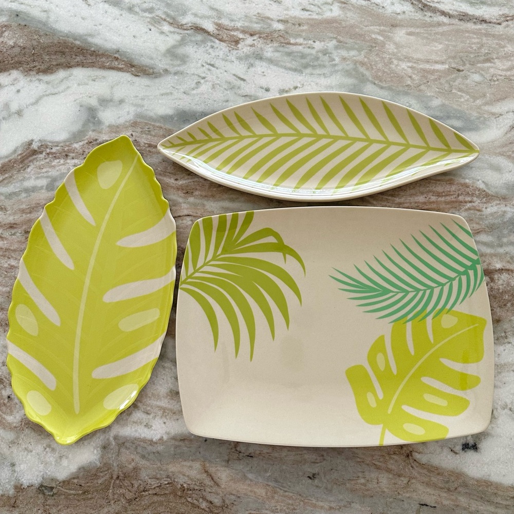 Set of 3 Palm Tree Leaf Print Melamine Bamboo Indoor/ Outdoor Serving Patio Tray